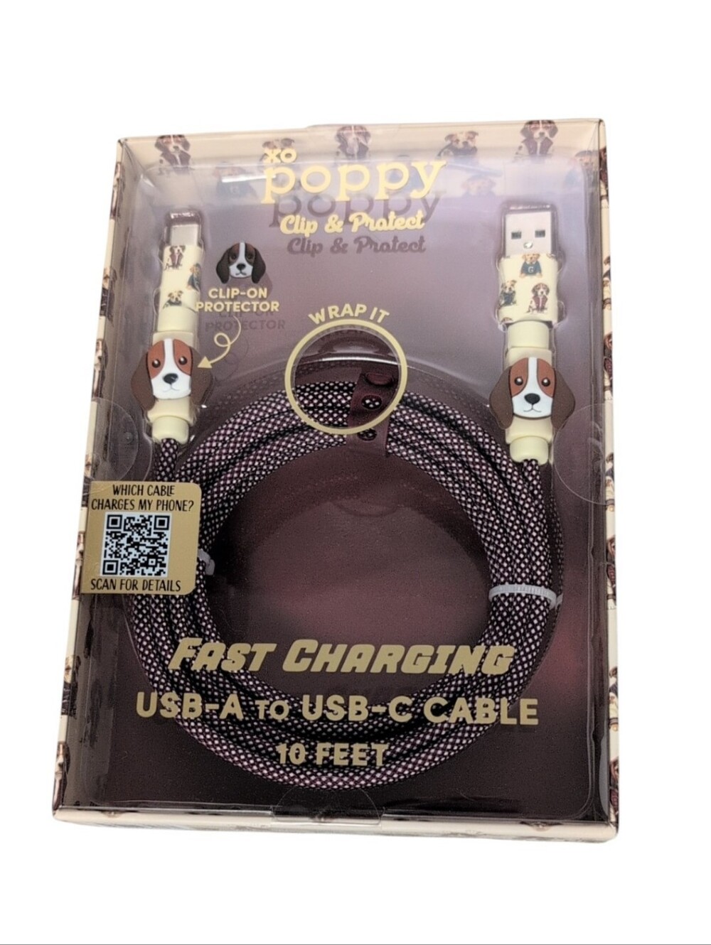 XO Poppy Dog Puppy USB-A to USB-C Charging Cable 10 Feet Clip & Protect